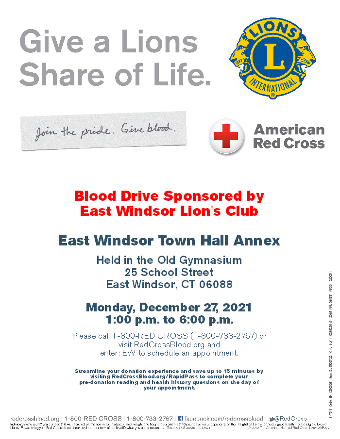 Blood Drive (EW Lions Club) @ East Windsor Town Hall Annex