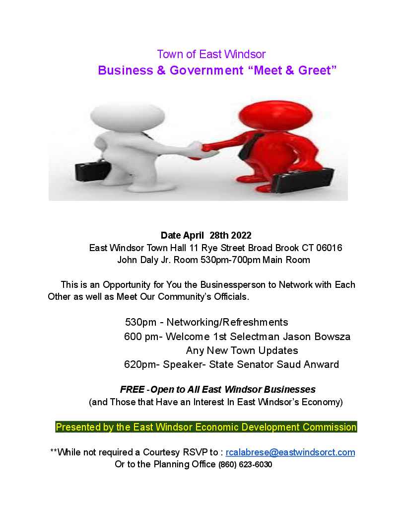 Business & Goverment "Meet & Greet" presented by EW EDC @ East Windsor Town Hall 