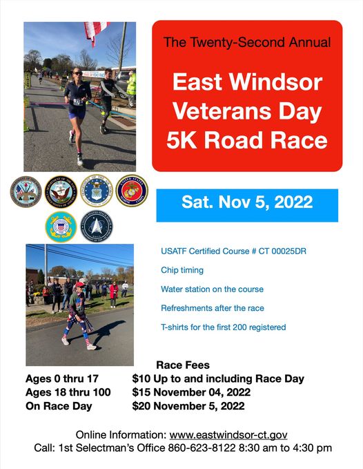 22nd East Windsor Veterans Day 5K Road Race @ See Info Below 