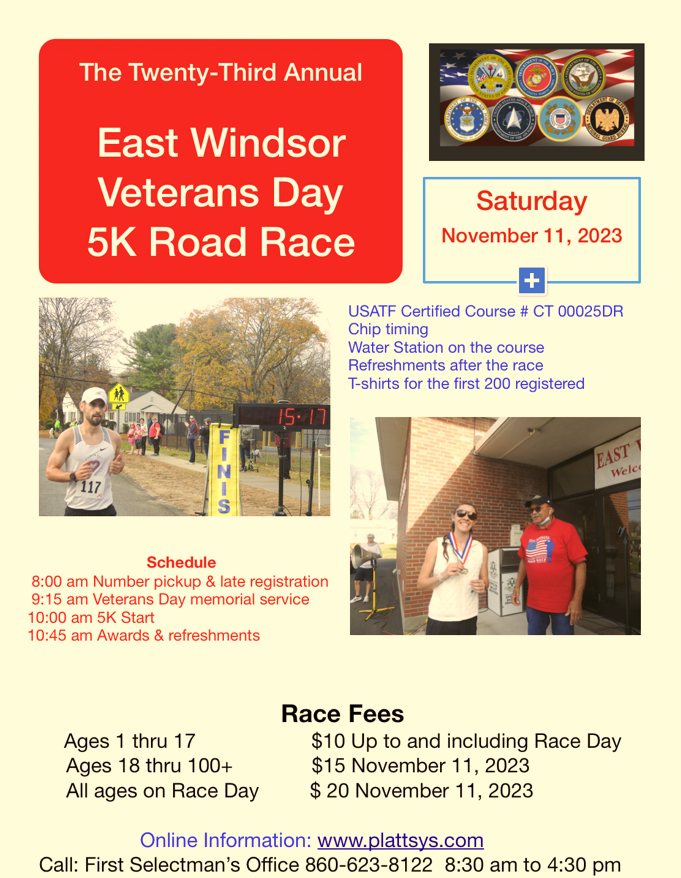 23rd EW Veterans Day 5K Road Race(USATF Certified Course) @ See Info Below