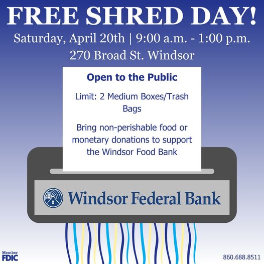 FREE Shred Day w/ Windsor Federal Bank @ Windsor Federal Bank Main Office